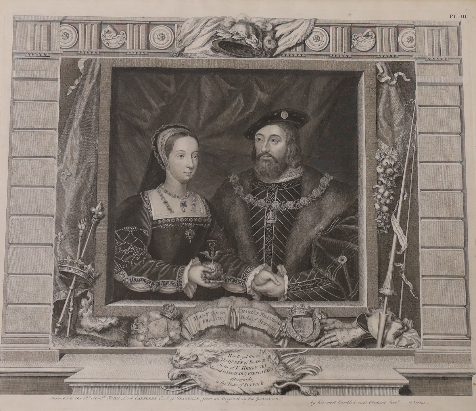 Vertue after De Heere, three engravings, ‘Mary Queen of France & Charles Brandon Duke of Suffolk’, ‘Frances Dutchess of Suffolk and her Husband Adrian Stokes Esq.’, and another, 51 x 66cm